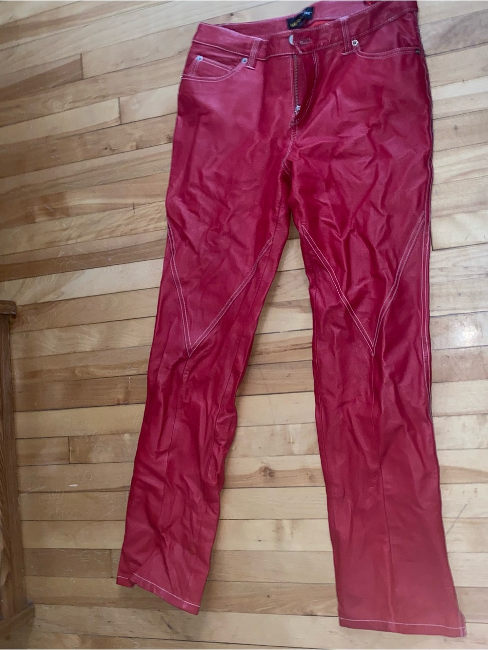 metrostyle Vibrant Red Faux Leather Pants with Contrast Stitching